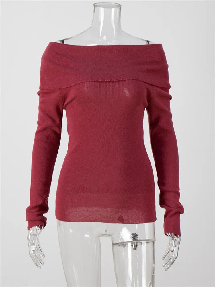 Off-Shoulder Sexy Knit Pullover Sweater For Women Mesh See-Through Long Sleeve Backless Y2k Top Fashion Knitwear Pullover