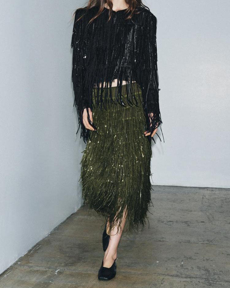 Gilded Fringe Sequin Midi Skirt