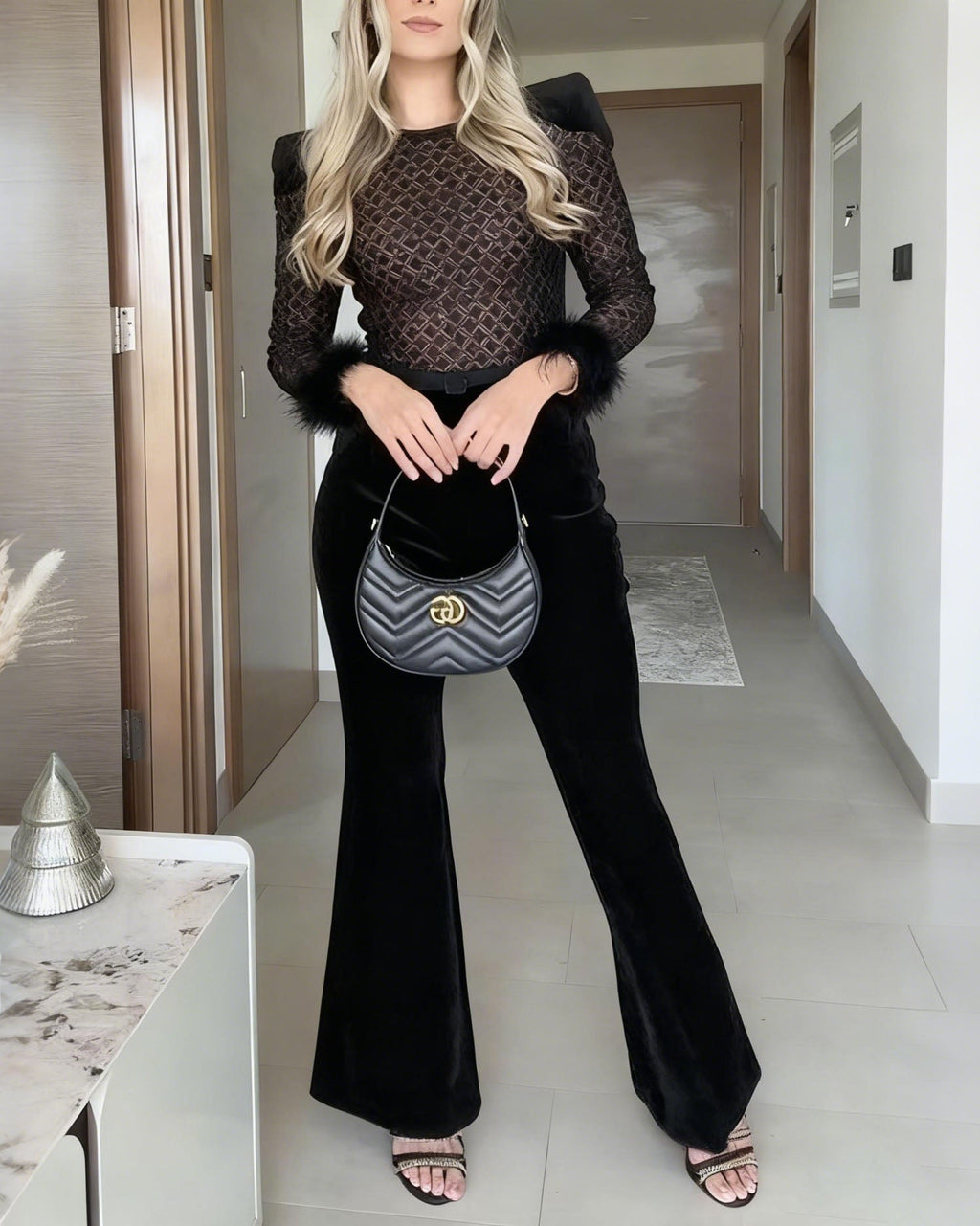 Moxidress Feather Cuffs Bell Bottom Velvet Splice Jumpsuit