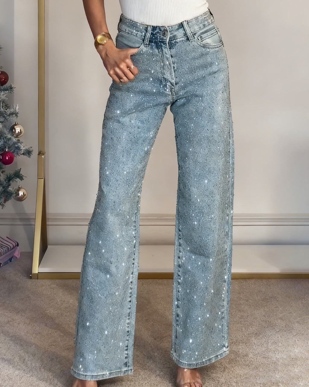Jeans wide leg a vita alta con cristalli