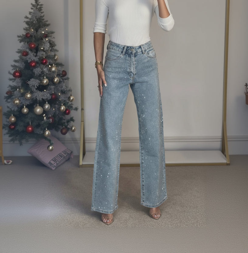 Jeans wide leg a vita alta con cristalli