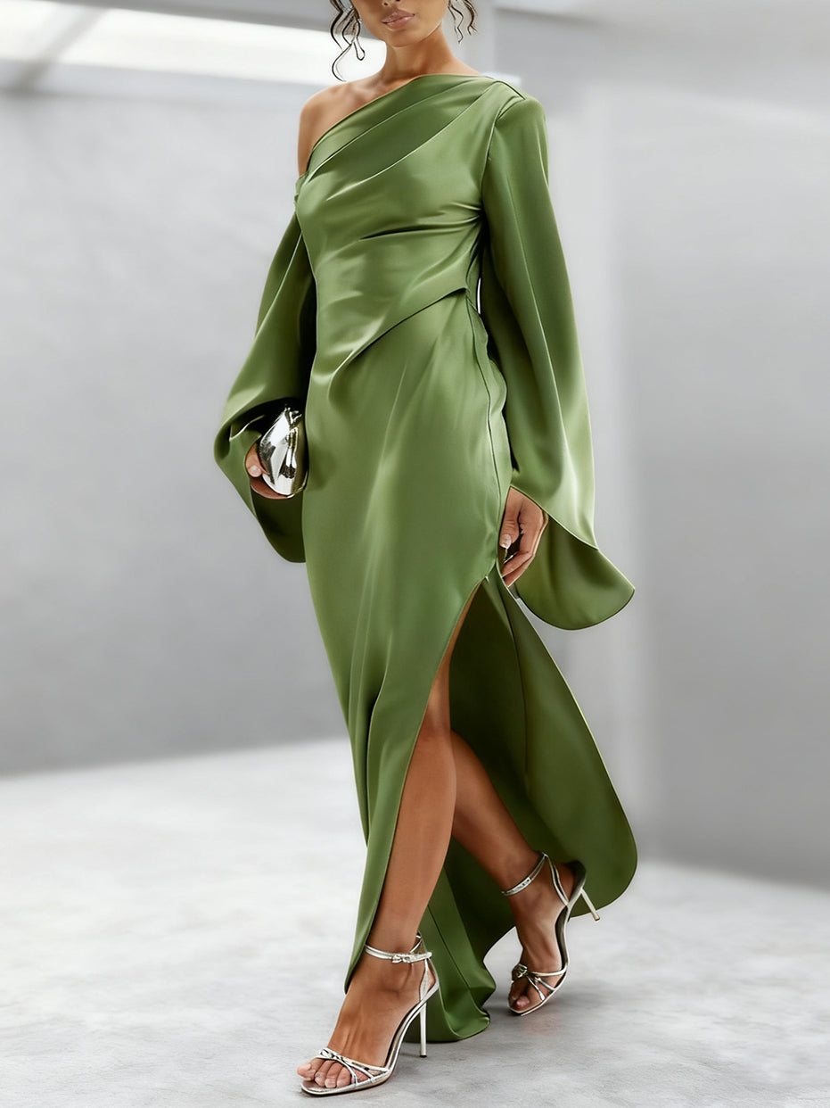 Green Asymmetrical Hem Satin Maxi Dress