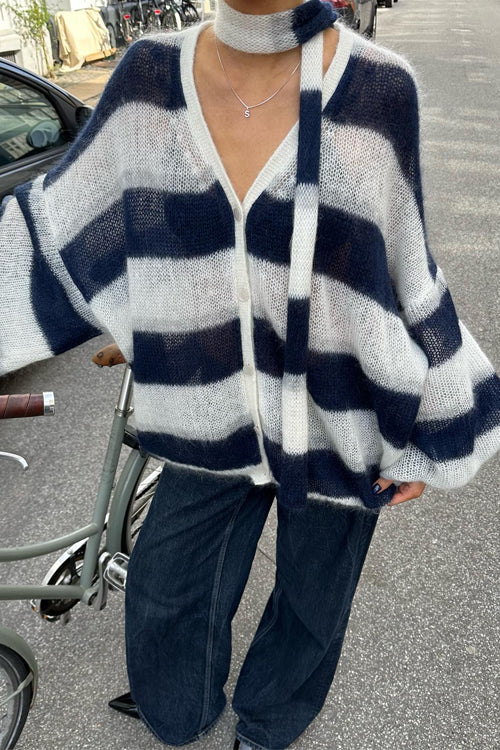 Moxidress Lantern Sleeves Button Down Color Block Stripes Sweater with Scarf