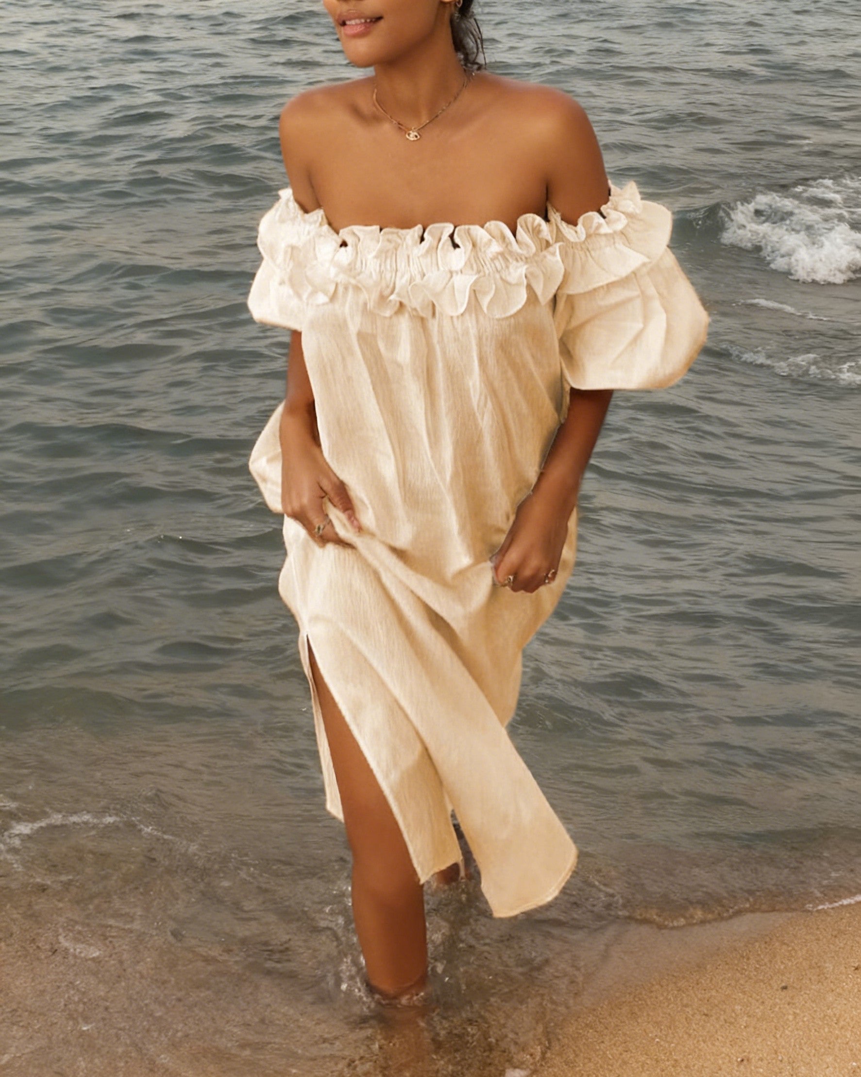 Ruffle Off Shoulder Puff Sleeve Pocketed Midi Dress