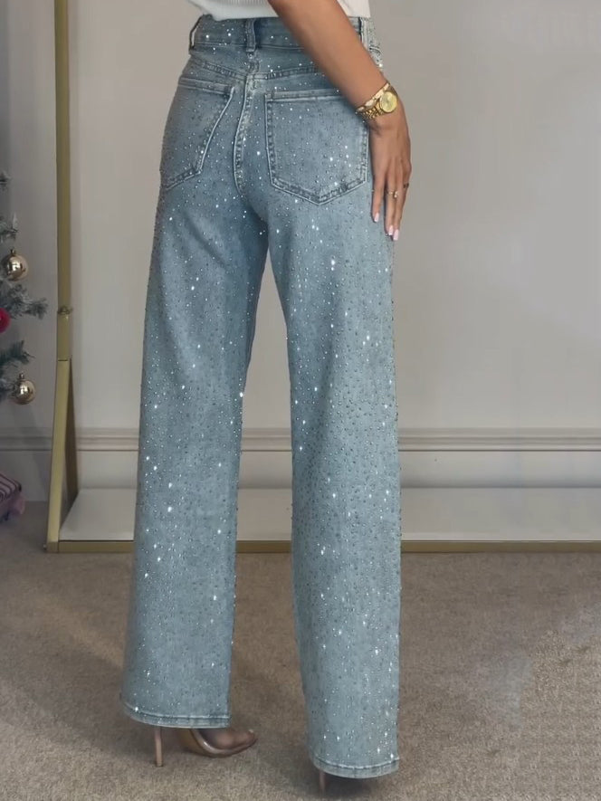 Jeans wide leg a vita alta con cristalli
