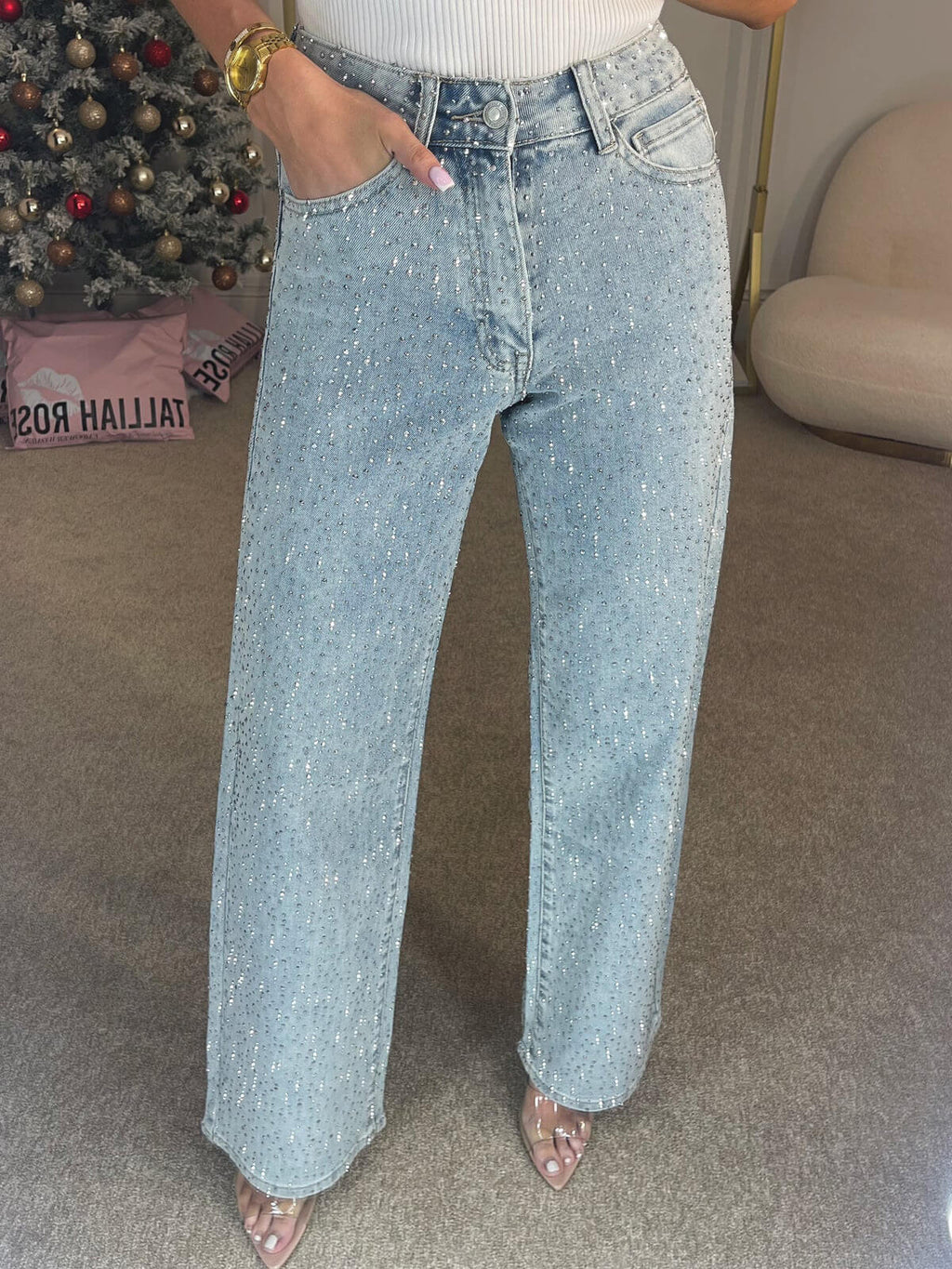 Jeans wide leg a vita alta con cristalli
