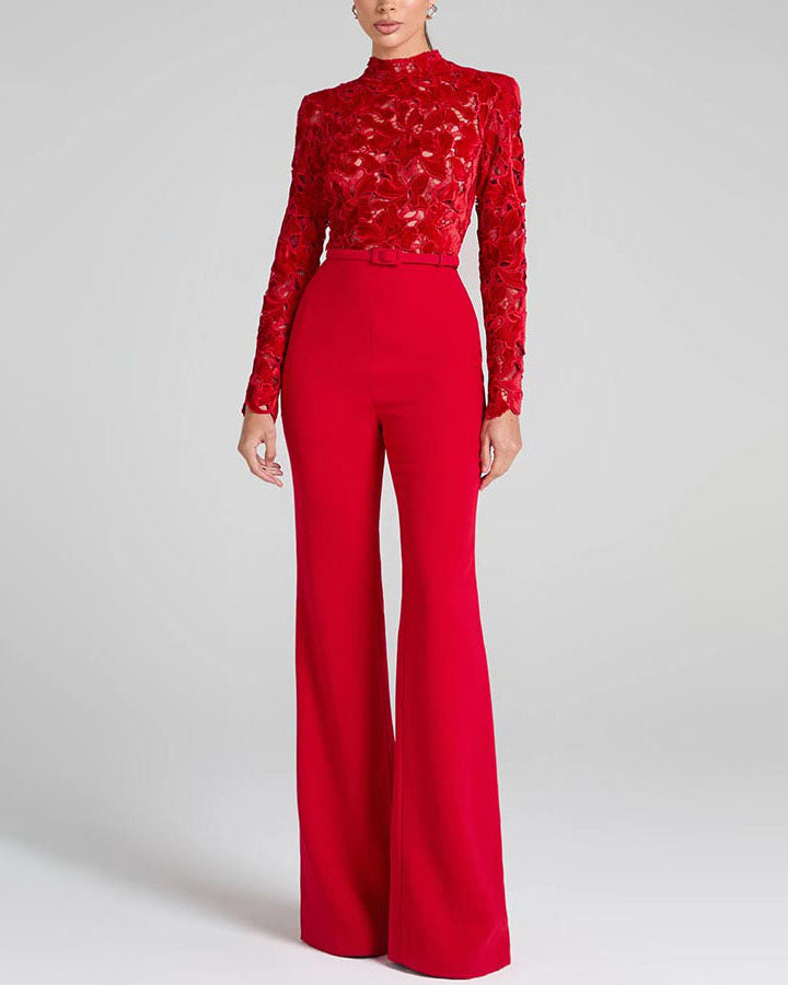 Eleanor Embroidered Floral Lace Long Sleeve Patchwork Belt Flare Jumpsuit